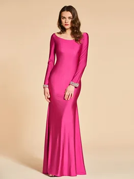 Nauja paprasta rožinės spalvos valties kaklas ilgomis rankovėmis trimitas / Undinės sužadėtuvės Gimtadienio grindų ilgis Vakarinė suknelė Seksuali suknelė