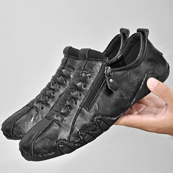 Flats Dil-resistant Soft Leather Vyriški laisvalaikio batai Sportiniai kvėpuojantys užtrauktukai Dizainas Mados sportbačiai 2023 Naujas pavasario ruduo