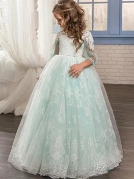 Elegantiški tiulio sluoksniai Nėrinių aplikacijos Gėlių mergaičių suknelės Princų kamuolinė suknelė Pirmoji komunija Prom Mada 2023