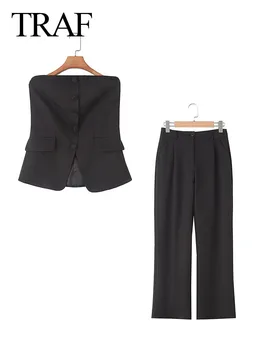 TRAF Fashion Woman Spring Black 2 dalių kostiumas su užtrauktuku šoninės kišenės Plati koja tiesi kelnė Moteriškos viengubos liemenės Viršus
