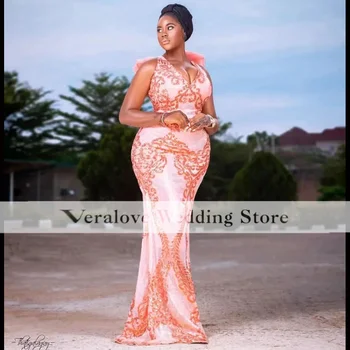 Sparkly Formal Evening Dress For Women Party Pink Mermaid Prom Gowns Appliqued Aso Ebi Special Occasion Wear