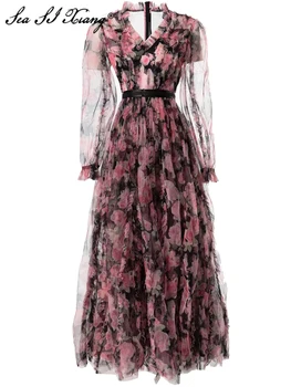 Seasixiang Mados dizainerė Pavasario tinklinė suknelė Moterys V-Kaklo žibinto rankovės Raukinių gėlių atspaudas Bohemiškos ilgos suknelės