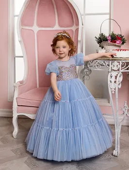 Miela mėlyna gėlė Mergaitė Suknelė vestuvėms Tiulis Blizgučiai Trumpomis rankovėmis Aplikacija Pirmoji vaiko eucharistinė gimtadienio šventės suknelė