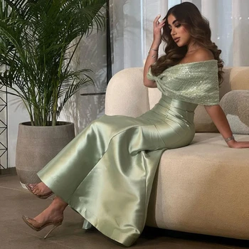 Welove Šviesiai žali karoliukai nuo pečių Prom suknelės Kulkšnies ilgis Ruffle Undinėlė Oficialios progos Suknelė Nauja 2023 Saudo Arabija