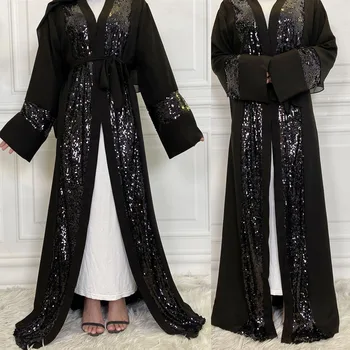 Ramadanas Islamo Abayas atviras Kimono musulmonės moterys Maxi chalatas Blizgučių vakarėlis Vakaras Dubajus Kaftano chalatas Arabų kardiganas Artimieji Rytai