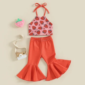 Baby Girls Summer Outfit Tie-up Halterneck Strawberry Print Liemenė su Flare Pants 2 dalių apranga