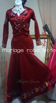 Wine Red Mariachi Meksikietiškos Prom suknelės moterims Dviejų dalių siuvinėjimas Gėlių undinėlė Vakarinė suknelė vestidos de fiesta