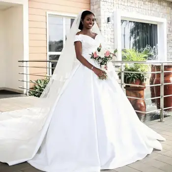 Pigūs paprasti afrikietiški plius A dydžio linija Nigerijos satino pliažai Teismo traukinys Church Garden vestuvinė suknelė Vestuvinės suknelės Vestuviniai chalatai