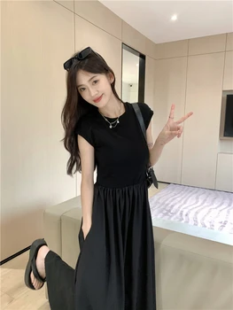 Plius dydis Korėjietiška versija 2023 vasaros naujas stilius paprastas aukštos klasės juosmuo plonas berankovės madinga laisva suknelė ilgas sijonas moterys prašmatnios