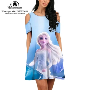 Frozen Princess Anime Summer Moteriškos tunikos trumpomis rankovėmis Disney New Print Knee Length Elegant Round Neck Fashion Casual Dress