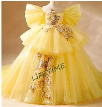 Flower Girl Dress Pageant Juniors Cute Prom Gown Satin with Ruffles Sparkle Tired Fit 2-16 metų