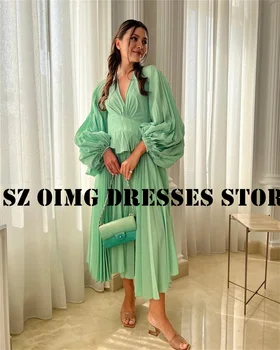 OIMG Naujo dizaino V-Neck Plisuotos prom suknelės Arabų moterys Pūstomis rankovėmis Satin A-Line Green Evening Glaws Oficiali vakarinė suknelė