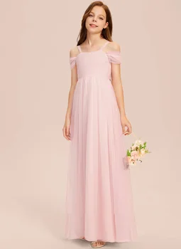 A Line Cold Shoulder Floor Length Tulle Junior Bridesmaid Suknelė Vakarinė suknelė Nauji elegantiški pokylių chalatai