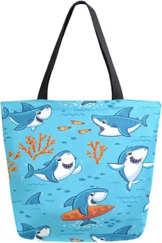 Cute Underwater Cartoon Sharks Fish Shoulder Tote Top Storage Handle Bag for School Gym Beach Weekender Travel Daugkartinio naudojimo