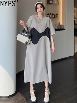 NYFS 2023 m. vasaros Naujosios Korėjos suknelė trumpomis rankovėmis Moters suknelė Vestidos chalatas Elbise Laisvas plius dydžio pleistras Ilgos suknelės