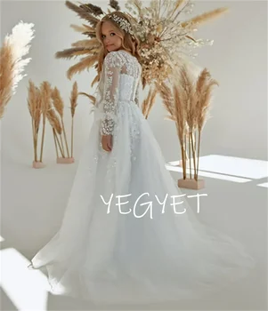Gėlių mergaitės suknelė Balta pūkuota tiulio lipdukas Blizgantys karoliukai Vestuvės Elegantiška gėlė Pirmoji eucharistinė gimtadienio šventės suknelė