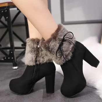 Žieminiai batai Lady moteriški guminiai batai lietaus batai-moteriški apvalūs pirštų užtrauktukai Plush 2023 Paminkštinta kulkšnis Didelio dydžio kailis Aukštakulnis Uola S