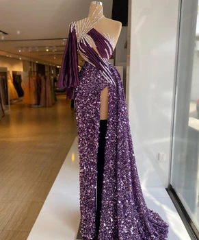 Putojančios violetinės prom suknelės vieno peties priekyje padalintos pagal užsakymą pagamintos kristalų karoliukų undinės tikros imge moteriškos suknelės
