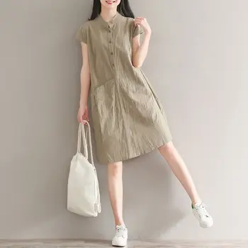 Art Solid Color Dresses Women 2023 Summer Trend Thin Mid Length A-Line Dress Stand Up Neck Loose Casual Short Sleeve Dress, Y2K