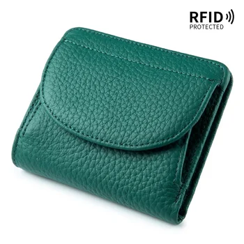 Fashion Genuine Leather Moteriškos piniginės Moteriškos RFID kortelių laikiklis Piniginė mergaitėms trumpos cowhide piniginės žalios ponios piniginė