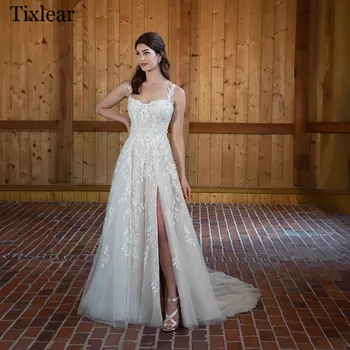 TIXLEAR vestuvinės suknelės moteriai A-line High Split aplikacijos Tiulio nėriniai Open Back Scoop Kaklas Puošnios Vestidos De Novia