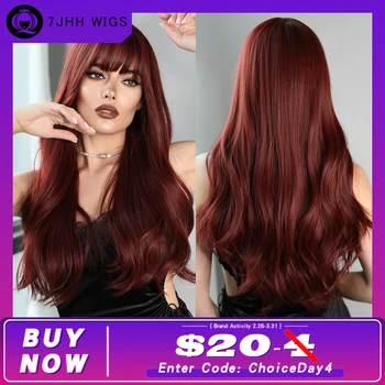 7JHH WIGS Tamsiai raudonas perukas su kirpčiukais Garbanotų plaukų perukai moterims Sintetiniai plaukai Burgundiškas perukas 26 colių
