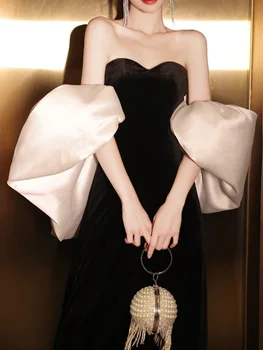 Fashion Temperament Vakarinės suknelės be petnešėlių Elegantiškos prabangios Solid Simple Slim Fit Vestidos kontrastinės spalvos sujungtos rankovės chalatas