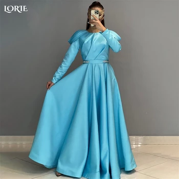 LORIE Sky Blue Formalios prom suknelės A-Line Blizgios Satino kepurės rankovės O-Neck Bride Prom suknelės Saudo Arabija Dubajaus vakarėlių chalatai 2022