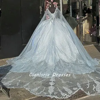 Šviesiai mėlyni blizgučiai Crystal Meksikietiški svarainiai Suknelė su Cape Ball chalatu Spagečių dirželis aplikacijos Korsetas Vestido de XV Anos