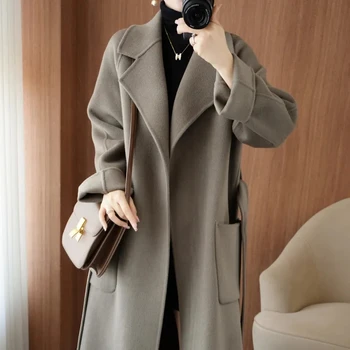 100% gryna vilna dvipusis tvido kašmyro švarkas moteriškas paltas laisvas vidutinio ilgio diržas vilnonė striukė rudeninis žieminis vilnonis paltas