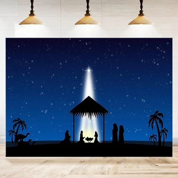 Jėzaus gimimo fotografija Fonas Kalėdų žvaigždžių naktis Betliejus Žvaigždžių šviesa Šventoji šeima Ėdžios fonas Vakarėlio dekoro reklamjuostė