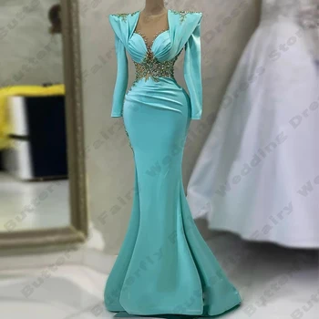 Puošnios moteriškos vakarinės suknelės Undinėlė Satino karoliukai Styginių arabų Dubajus Elegantiškos ilgomis rankovėmis princesės prom chalatai Vestidos de Noche