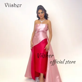 Viisher Pink Red Satin Mermaid Vakarinės suknelės Be petnešėlių Saudo Arabijos arabų prom vakarinė suknelė su sijonu Oficialūs vakariniai chalatai