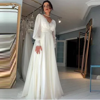 A-line V-Neck ilgomis rankovėmis vestuvinės suknelės be nugarosBridesmaid Banketų vakarėlio šventinės prom suknelės