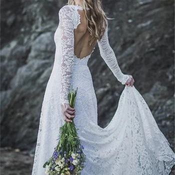 Elegantiška vestuvinė suknelė Ilgos nėrinių rankovės Mieloji nuotaka Ilga suknelė Nėrinių aplikacijos šlavimo traukinys vestido de novia encaje