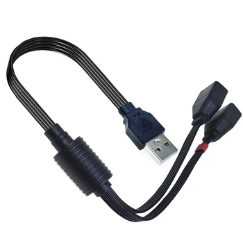 USB 2.0 2-in-1 prailginimo laidas, įkrovimo laido adapteris nuo vieno kištuko iki dviejų lizdų, USB duomenų kabelis, juodas plokščias ilgis 20cm, 40cm
