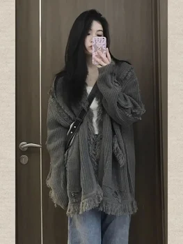 Moteriškas megztinis Ilgas suplėšytas pilkas megztas viršūnes moteriai Kardiganas Žiema 2023 Džersio drabužiai Naujos kolekcijos išpardavimas Šaltas Y2k Vintage In