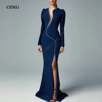 OIMG Luxury Side Plyšys Vakarinės suknelės Navy Blue ilgomis rankovėmis Blizgantys karoliukai Prom Party suknelė Išleistuvės abendkleid damen