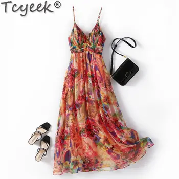 Tcyeek 100% Mulberry Tikros šilko suknelės moterims Vasaros nauja Bohemijos ilgo slydimo paplūdimio suknelė Atostogų drabužiai Vestido Feminino Cjk