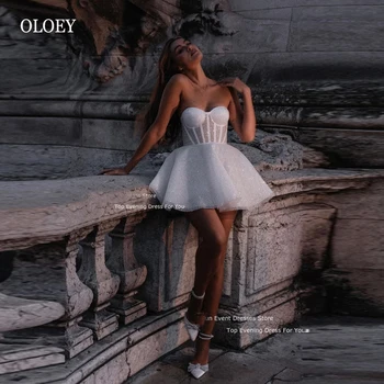 OLOEY Sparkly Short Mini seksualios vestuvinės suknelės Korėja Fotosesija Mieloji Boning Summer Beach Glitter Bride Dress Prom
