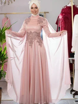 Rožinė elegantiška Išplėstinė A linija ryškus satinas Decal aukštasis kaklas ilgomis rankovėmis tiulio skara Princess Ladies vakarėlis PROM custom vakarinė suknelė