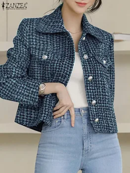 ZANZEA Vintažiniai ploni tvido paltai Apkarpytos striukės Korėjos mados ruduo 2023 Lapel Casual Office Lady Viengubas krūtininis viršutiniai drabužiai