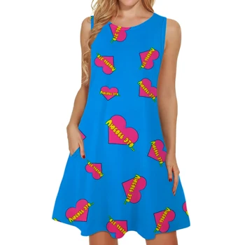 Bohemijos mini sundresses 3d Love Printed Blue Womens Vestidos suknelės Laisvi O-Neck marškinėliai be rankovių Kišeniniai moteriški drabužiai