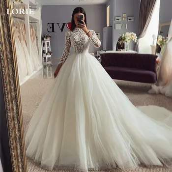 LORIE Fashion nėriniuotos vestuvinės suknelės A Line Nuotakos suknelė aukštu kaklu Blizgantys blizgučiai Tiulio vestuvinės suknelės 2023