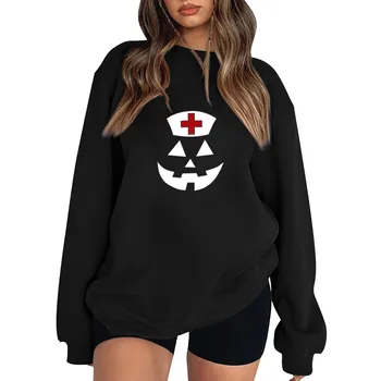 Drop Shoulder Fleece Hoodie for Women Casual Graphic Sweatshirt Fashion Printed Round Neck Simple Long Sleeve Pullover Megztinis