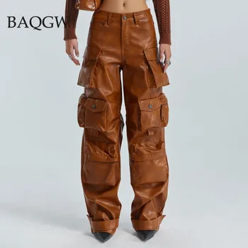 Naujo dizaino moteriškos odinės kelnės Capris 2023 Autumn Multi Pockets Kelnės aukštu juosmeniu Loose Casual All Match Ilgos PU krovininės kelnės