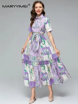 MARYYIMEI Mados dizainerio suknelė Vasarinė moteriška apverčiama apykakle Trumpomis rankovėmis Gėlių spausdinimas Suvarstomi raukiniai Elegantiškos suknelės