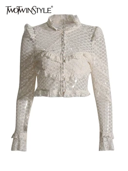 TWOTWINSTYLE Solid Patchwork Siuvinėjimas Elegantiški liekninantys marškiniai moterims Stovo apykaklė Temperamento marškiniai ilgomis rankovėmis Moteris 2023