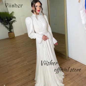 Viisher Paprastos baltos vestuvinės suknelės pilnomis rankovėmis Aukšto kaklo klostės Šifono ilga nuotakos suknelė Elegantiška moteriška vestuvinė suknelė