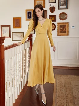 2023 m. ruduo/žiema V-kaklas Geltona A linijos suknelė Kokteilinė suknelė Suknelė Viso ilgio suknelė ilgomis rankovėmis Elegantiška vakarienės įžymybių suknelė